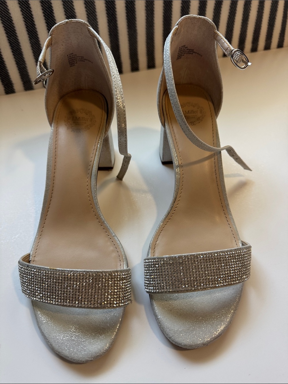 Crystal-Embellished Silver Block Heel Sandals with Ankle Strap